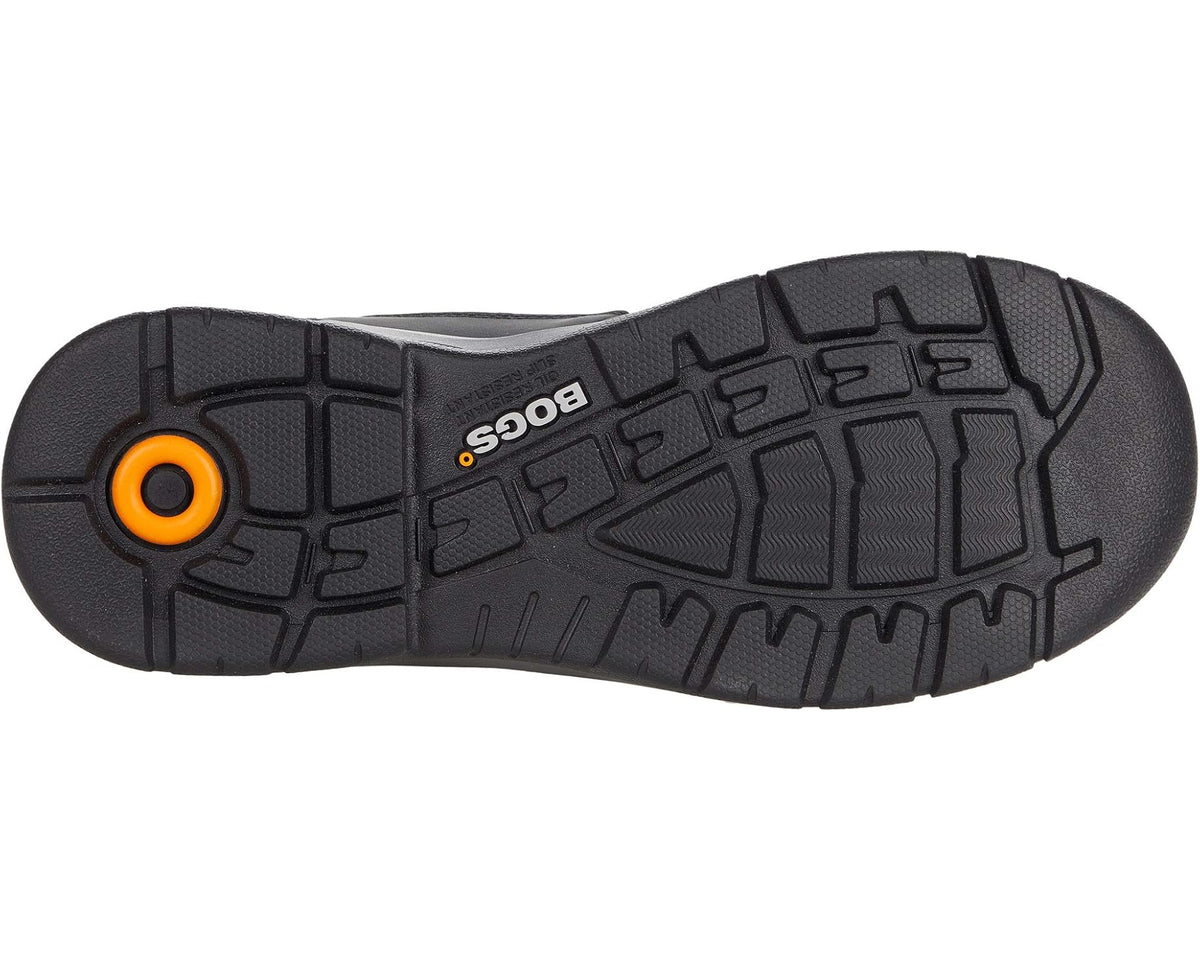 Black rubber outsole with traction tread and orange ring detail