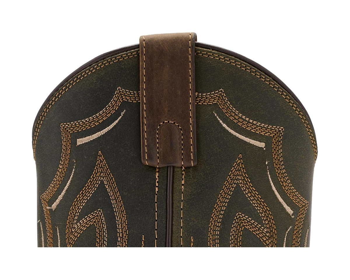 Brown boot shaft close-up with western emblem stitching and center seam