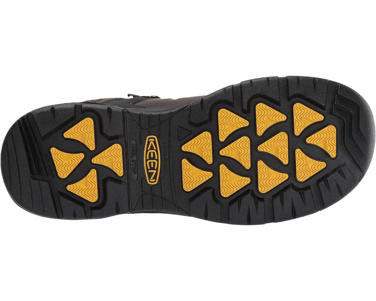 Men's waterproof work boot outsole with rugged tread, dark brown and black
