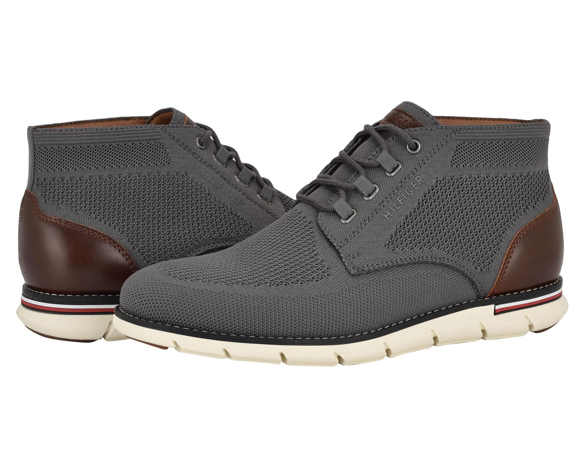 Lace-up high-top sneakers in dark grey mesh with brown leather panels and cream sole