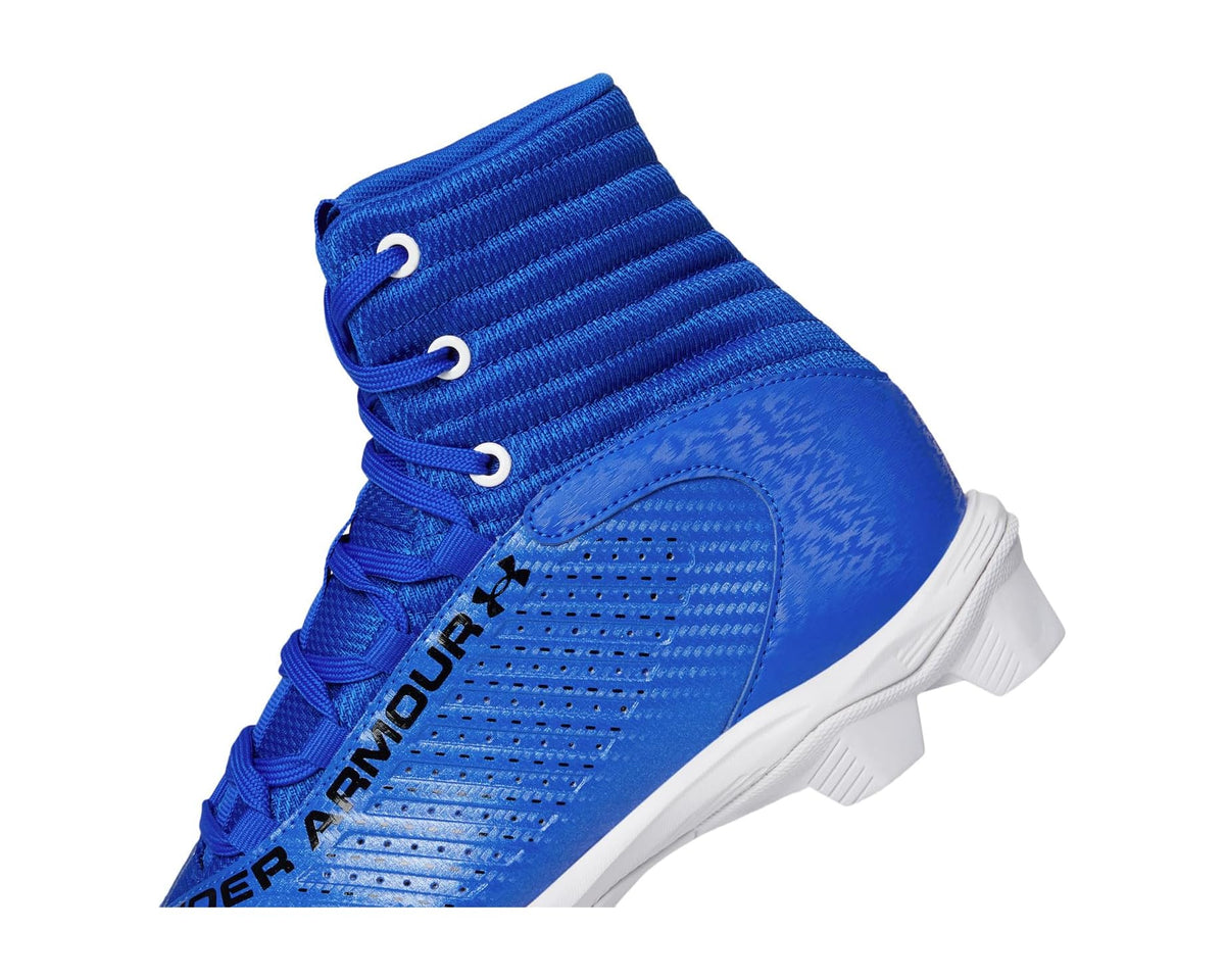 Men's Under Armour royal blue cleat side profile with perforations and lace-up knit collar