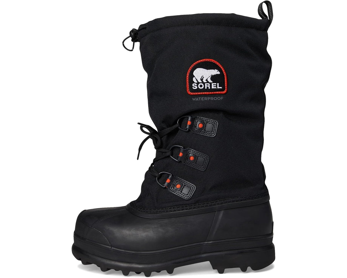 Men's black waterproof boots with lace-up front, padded shaft, and red detail accents