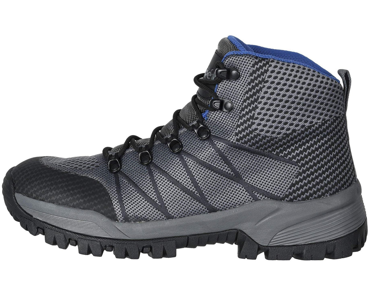 Men's grey and black high-top hiking boot with blue heel tab and lace-up design.