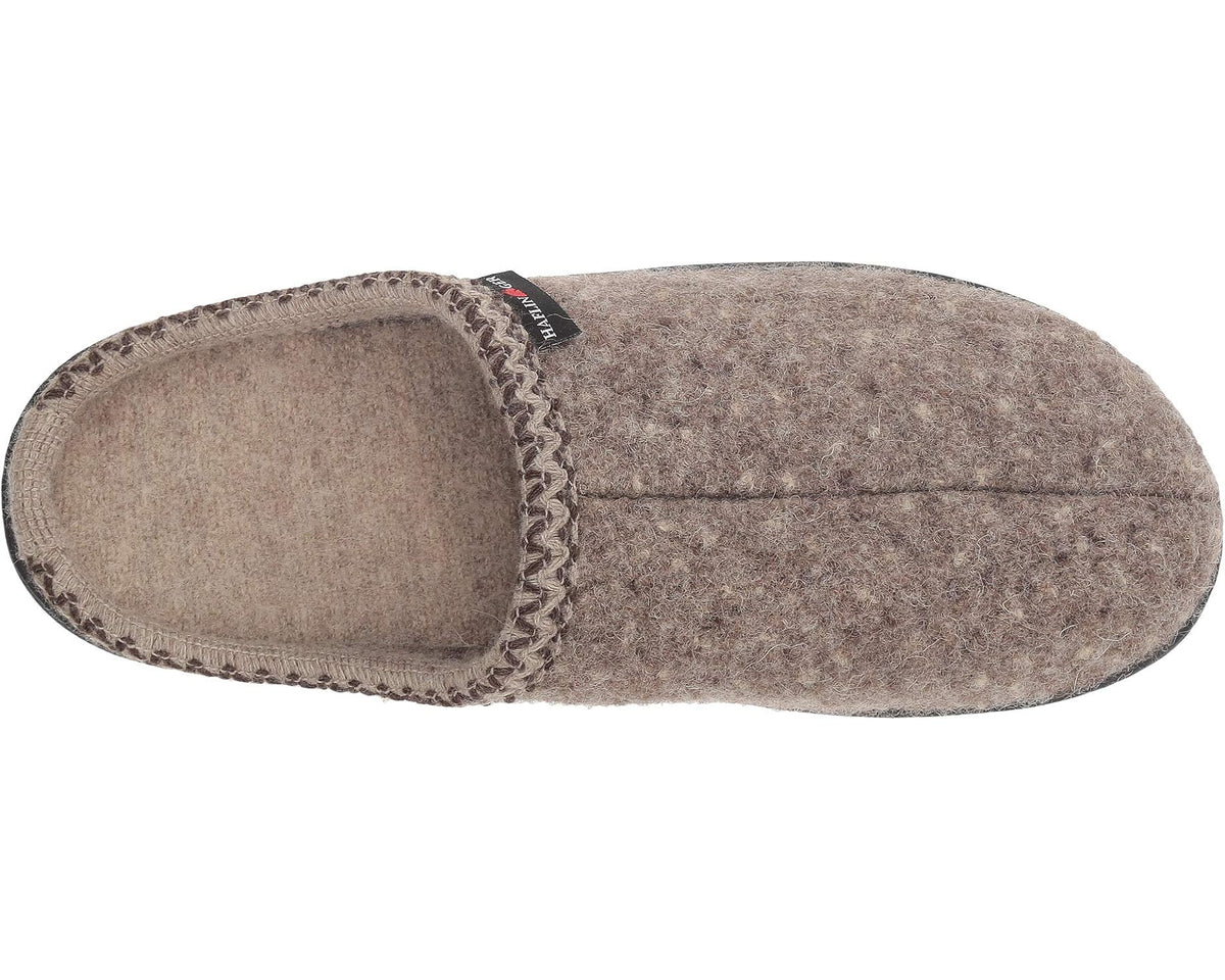 Unisex wool felt mule slipper, natural taupe with stitched collar and visible interior