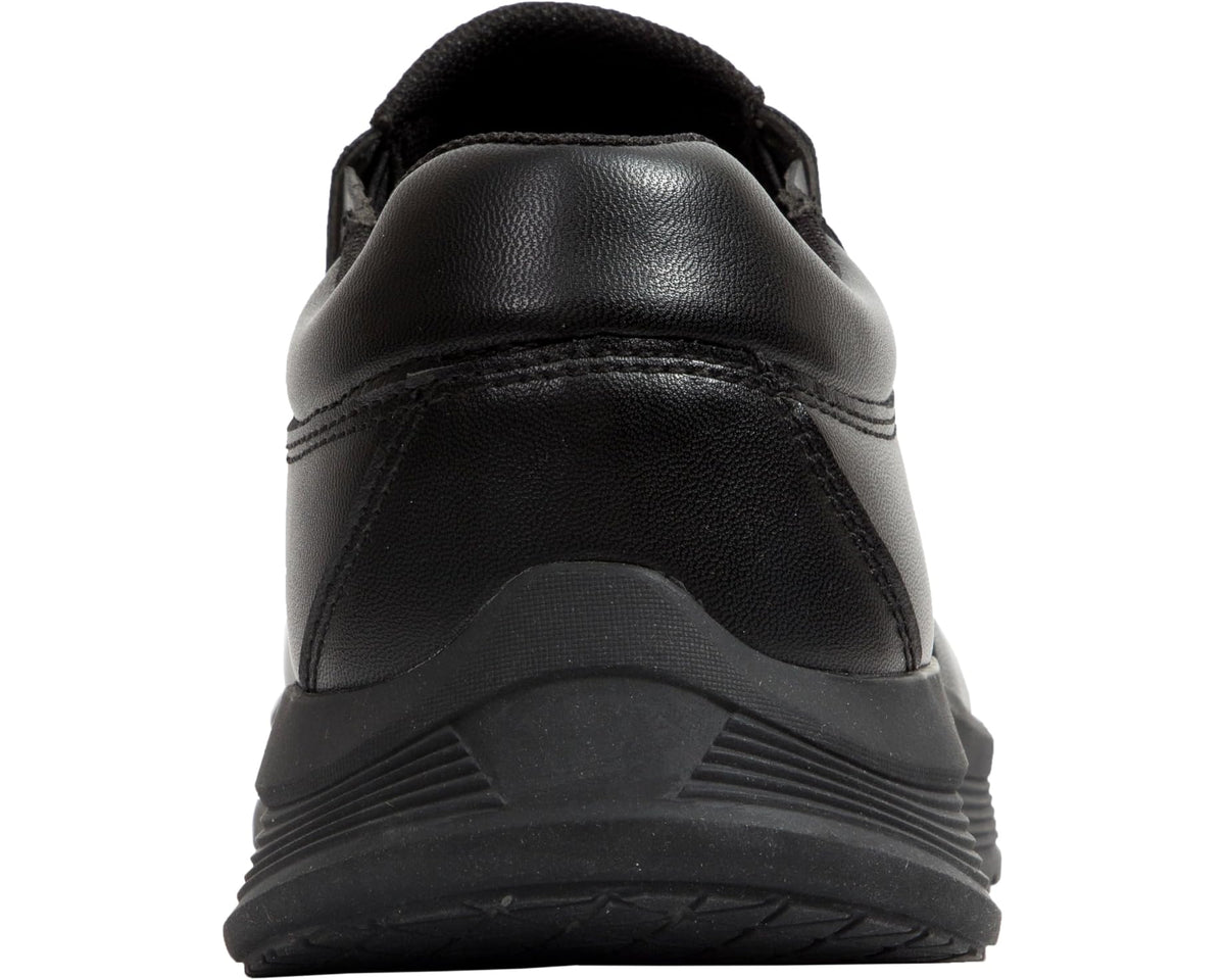Men's black work shoe heel view with padded collar and low-profile sole