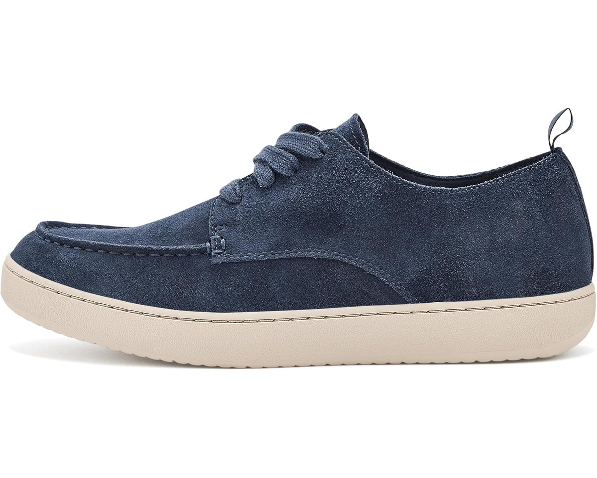 Midnight navy suede lace-up derby shoe with padded collar and beige sole.