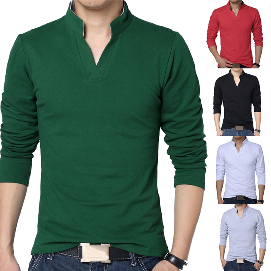 Men's green V-neck long-sleeve shirt with three-button placket