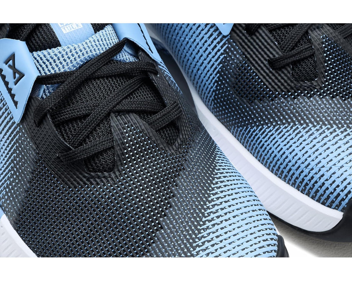 Knit mesh upper with black laces and light-blue texture, white midsole edge.