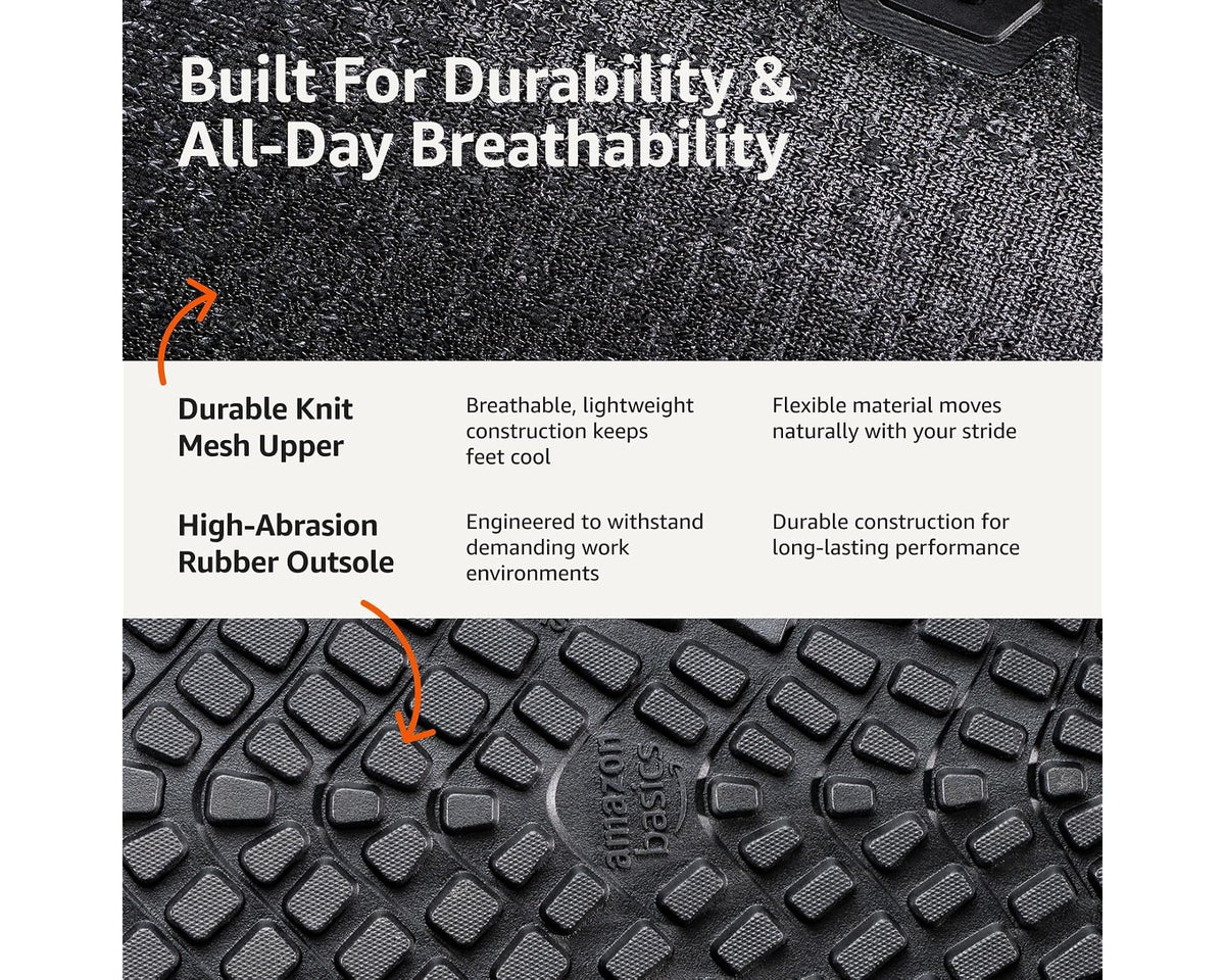 Durable knit work safety shoe upper detail and textured rubber outsole tread