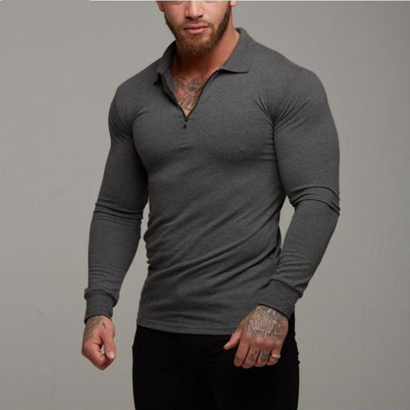Dark grey long-sleeve polo shirt with half-zip placket