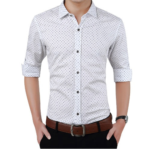 Men's dress shirt in white with small dot pattern, button-up collar and sleeves