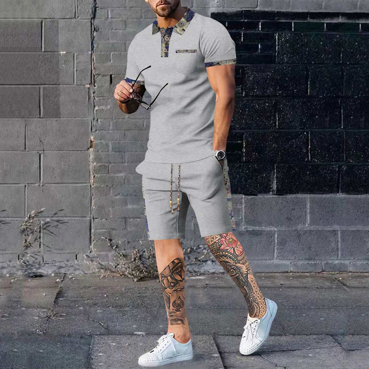 Men's gray polo shirt and matching shorts set, short sleeves, button placket, drawstring
