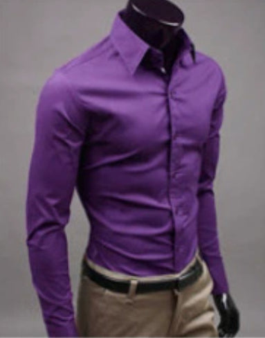 Dark purple button-up dress shirt with long sleeves and pointed collar