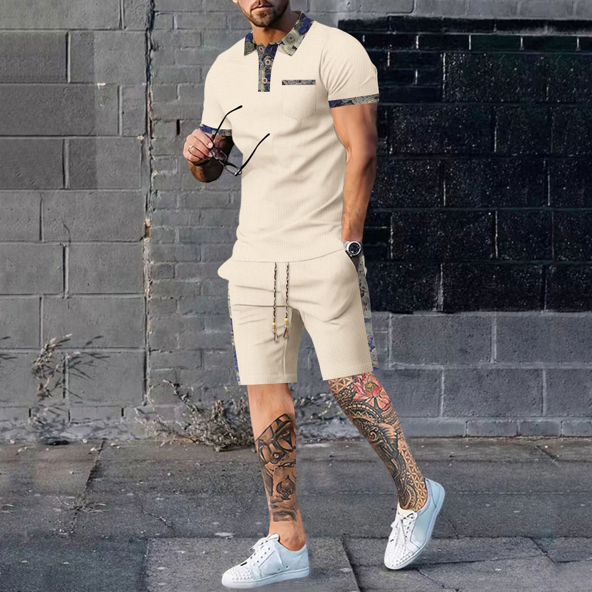 Men's khaki polo shirt and matching shorts set, short sleeves, button placket, drawstring