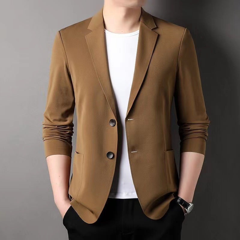Mens camel brown blazer with notched lapels and two-button front, front pockets, over white tee